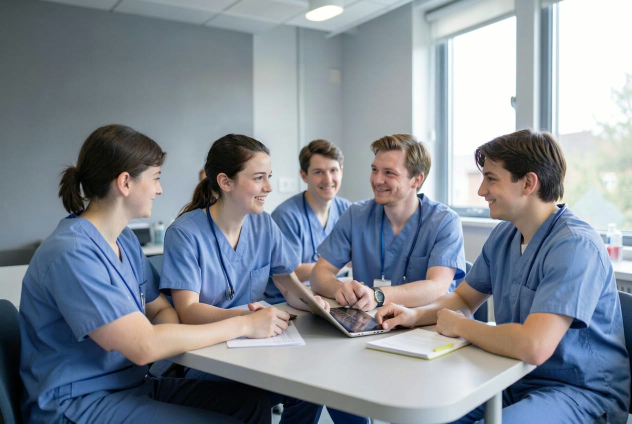 Group of UK doctors chatting together